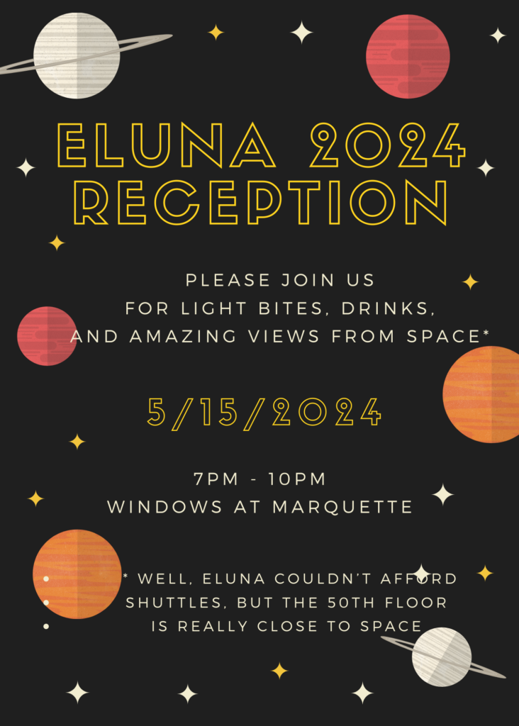 Black background with planets and stars. ELUNA 2024 Reception Invitation.