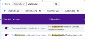 A screenshot from Alma showing the two digitization letter entries.